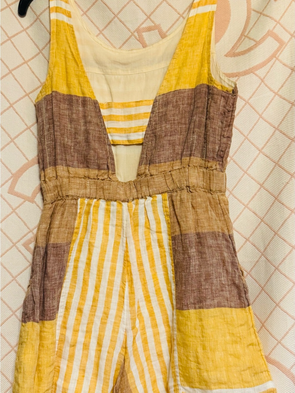 Anthropologie Yellow & Brown Striped Linen Jumpsuit Romper - Picture 2 of 6